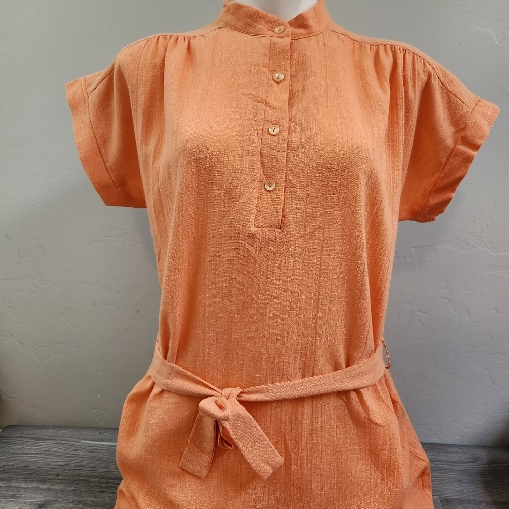 Teddi Orange Vintage‎ Dress Linen Size 14 A-Line Sheath Button Moc Neck Breezy